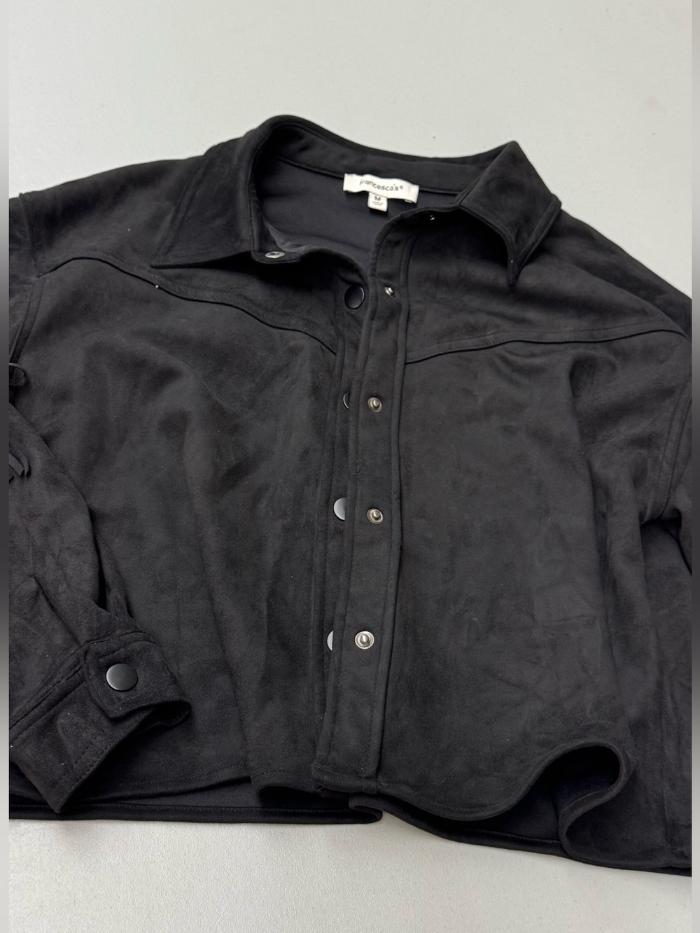 Francesca's Collections Black Suede Snap-Front Cropped Fringe Jacket size Medium